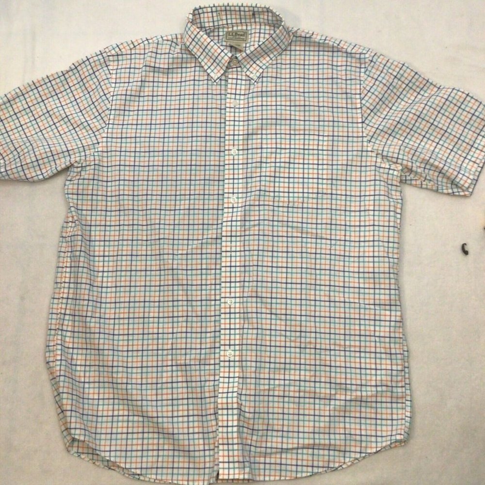 L.L Bean Men's Plaid Dress Short sleeve Shirt Large Cotton L White Multi-color